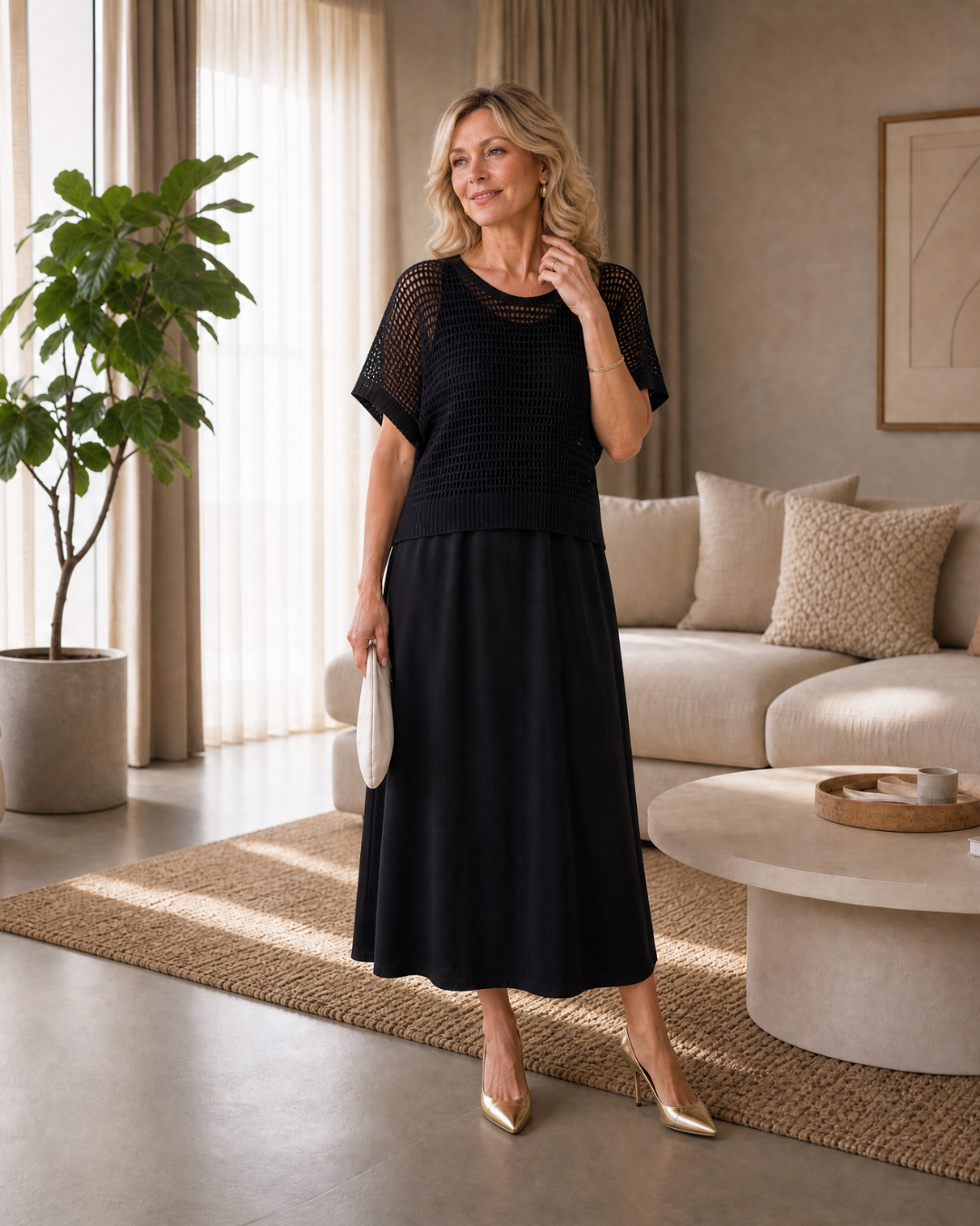 Sorella | Ensemble Top en Maille Aérée et Robe Midi Fluide
