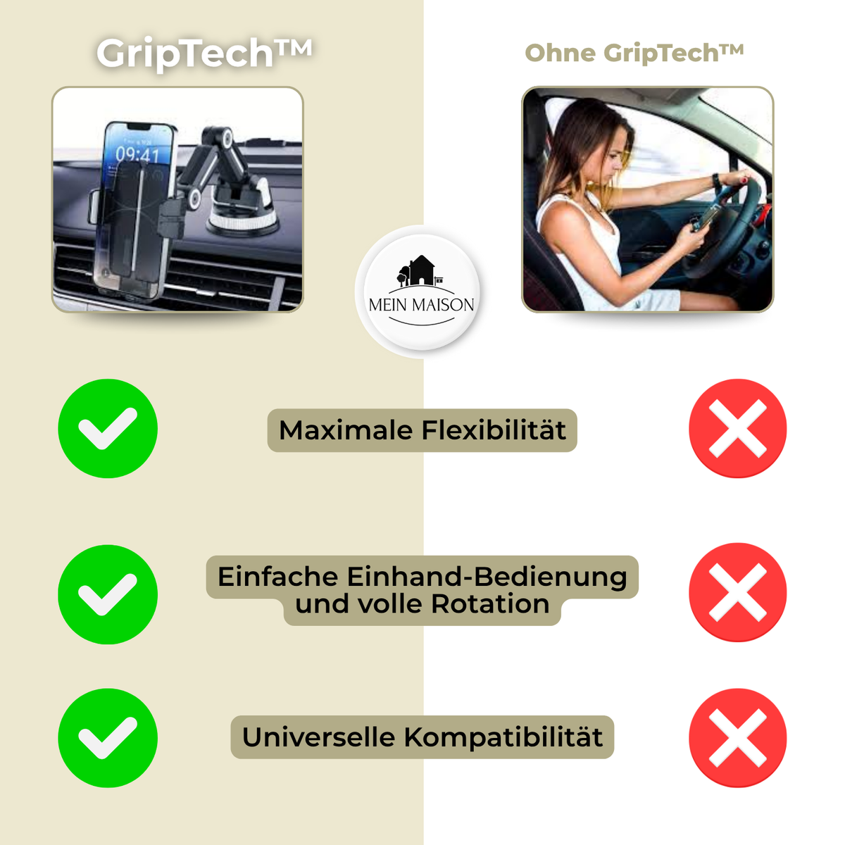 Support Auto GripTech avec Ventouse Puissante et Rotation à 360°
