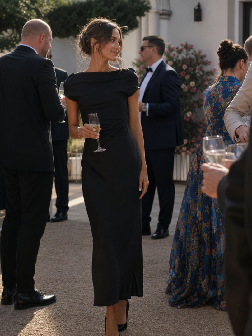 Elure | Robe midi ajustée à manches courtes et décolleté bateau