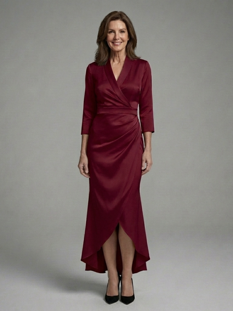 Celestine | Robe Midi Croisée à Manches Longues Haute-Basse