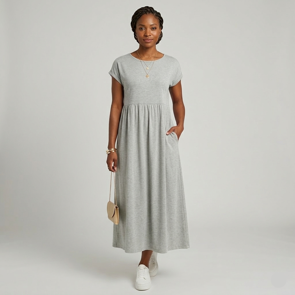Robe Maxi Femme Élégante Manches Courtes Taille Haute Poches