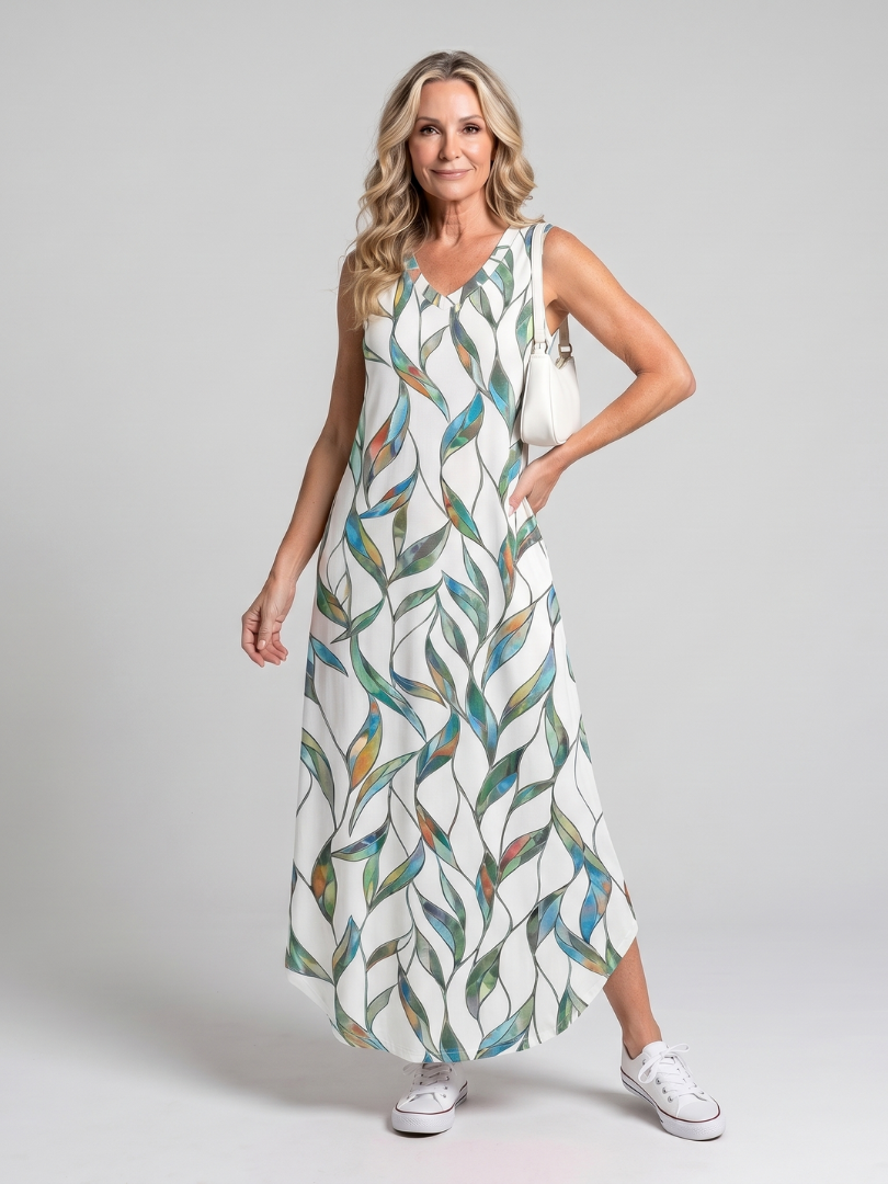 Valerie | Robe Midi Sans Manches Imprimée de Feuilles Tropicales