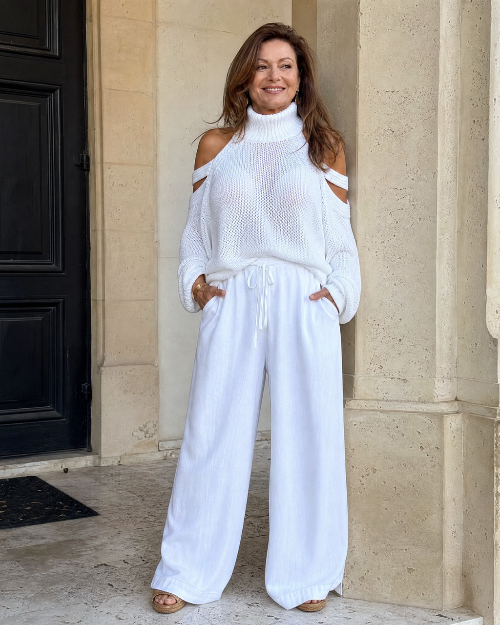 Elamen | Ensemble de pull en tricot à épaule dénudée et pantalon large