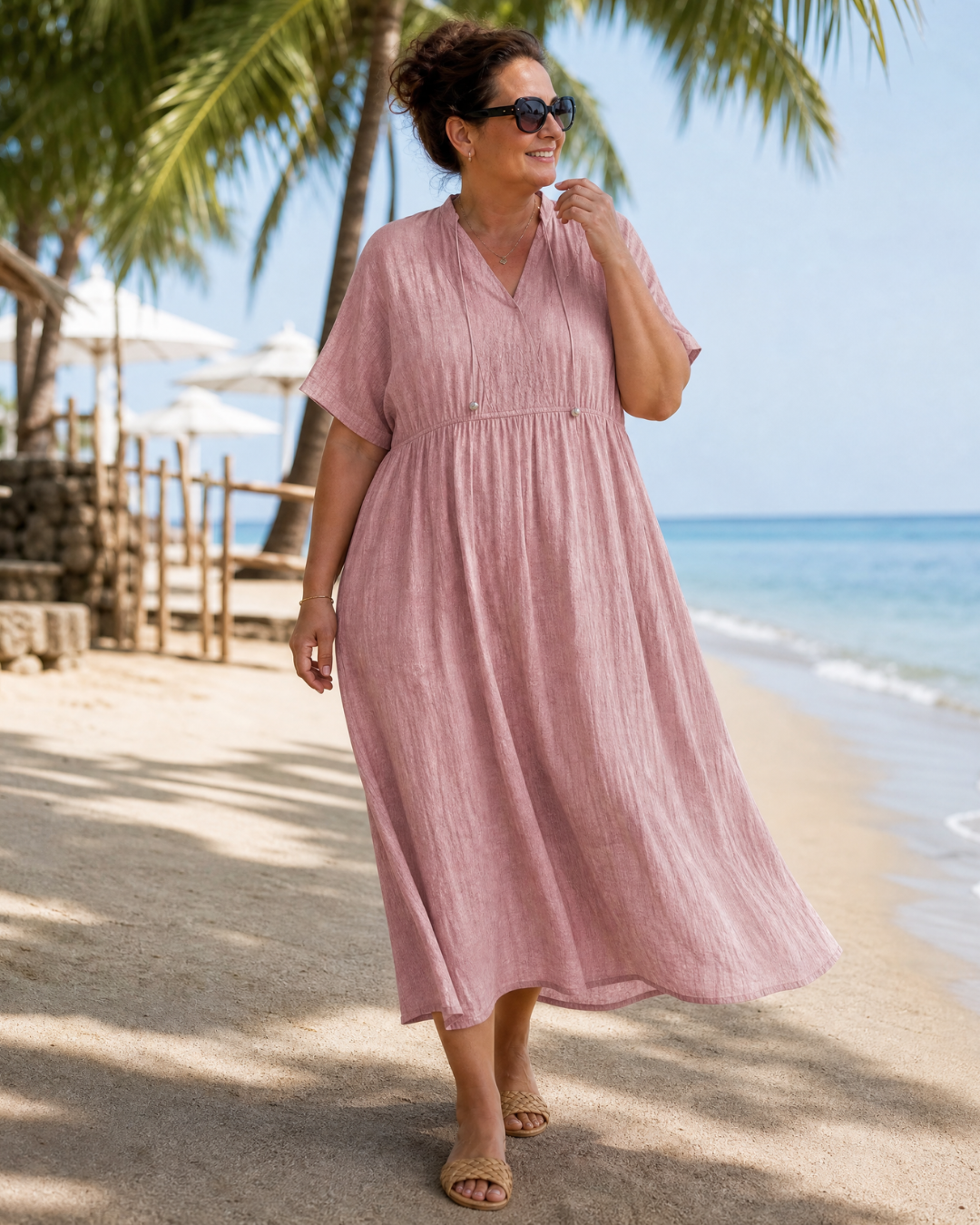 Eupherene | Robe midi décontractée à col en V et manches courtes texturée