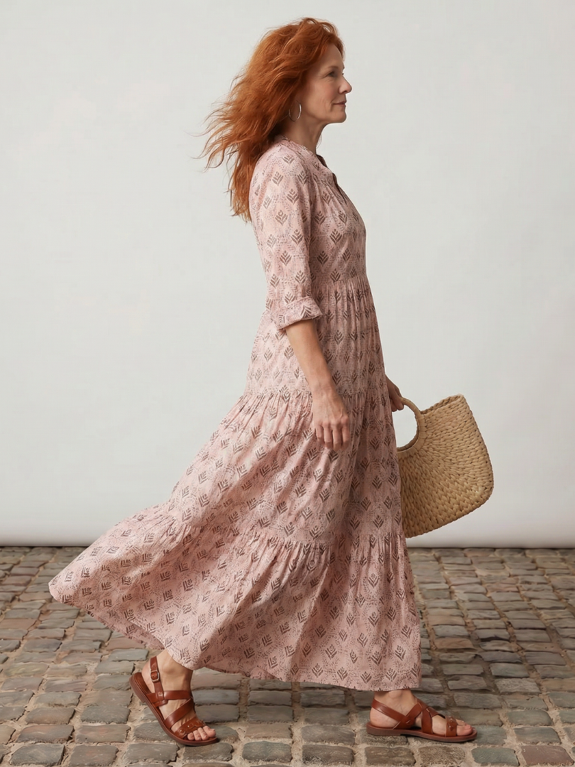Junia | Robe Maxi Imprimée à Col Notch à Manches Longues