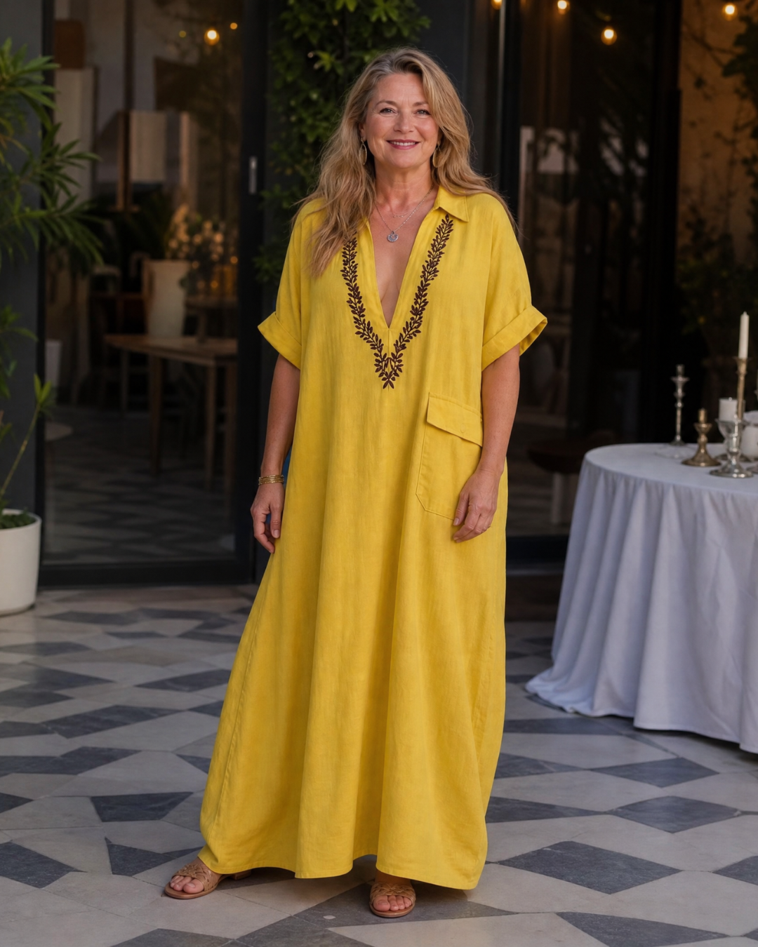 Elakeja | Robe midi décontractée à col en V brodé et détail de poche