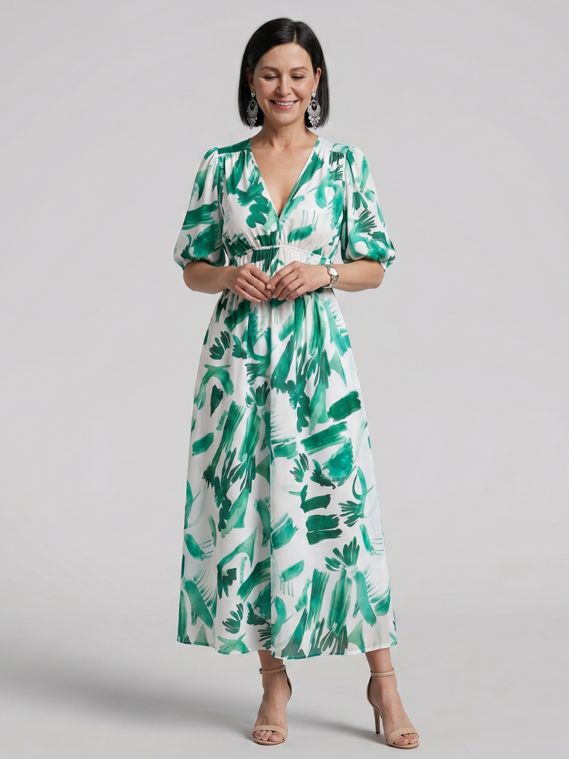 Candlia | Robe Midi Imprimé Abstrait à Manches Bouffantes et Décolleté en V