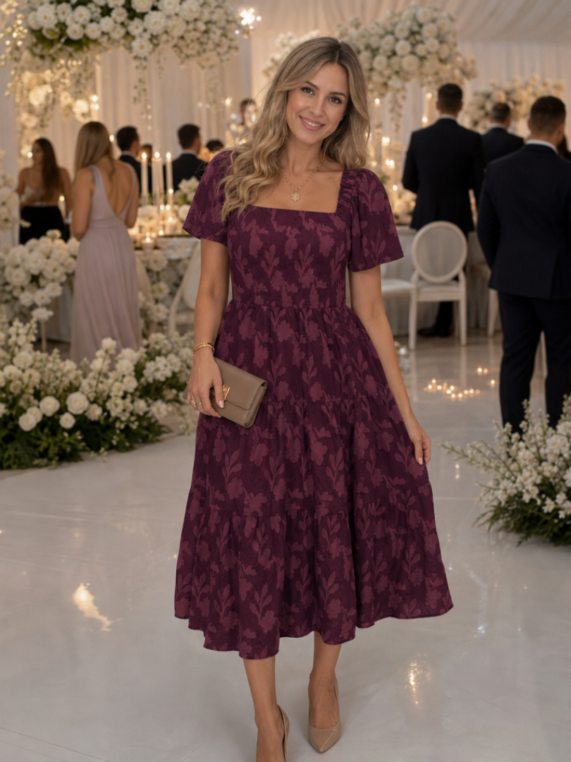 Elaria | Robe Midi à Détails Floraux Texturés à Manches Courtes