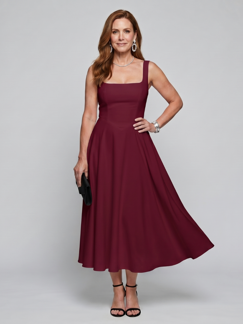 Pallas | Robe midi à bretelles carrées et jupe évasée