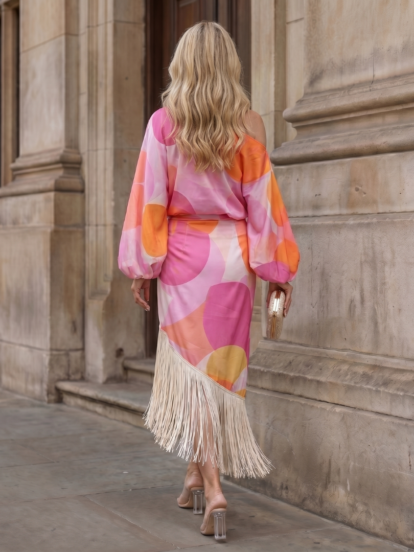 Koda | Robe Midi à Imprimé Abstrait avec Ourlet Frangé