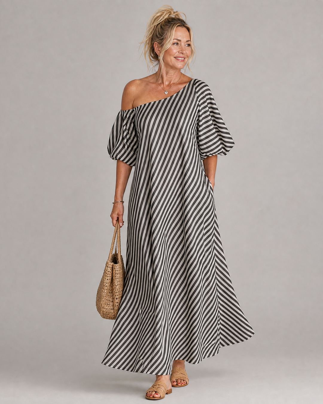 Zamrina | Robe Midi à Manches Bouffantes Rayée Décolleté Bardot