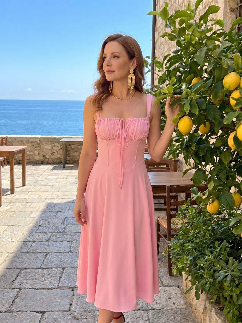 Zenobia | Robe Midi à Bretelles Spaghetti avec Corps Froncé