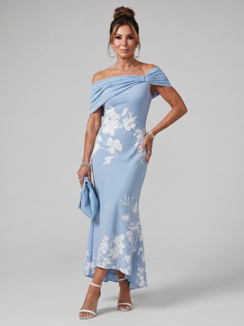 Cosma | Robe Midi à Encolure Drapée Hors Épaules