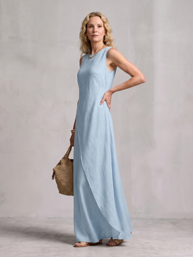 Hortensia | Robe Maxi à Encolure Ronde Asymétrique et Superposée