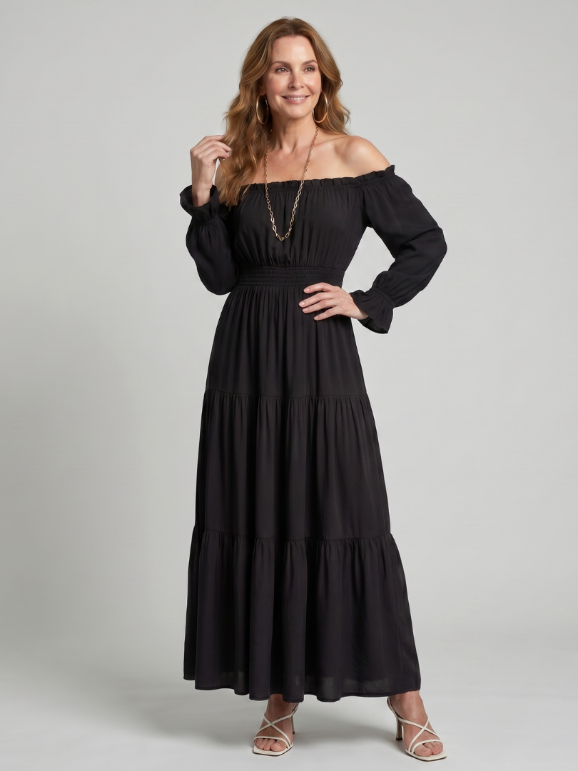 Anora | Robe Midi à Épaules Dénudées avec Fente Latérale