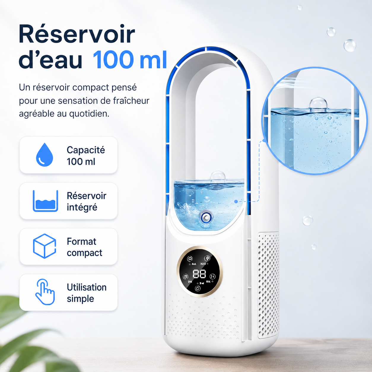 Airevo Refroidisseur d'Air | Ventilateur USB Sans Lame | 6 Niveaux | Silencieux & Avec Minuterie | Humidification de l'Air