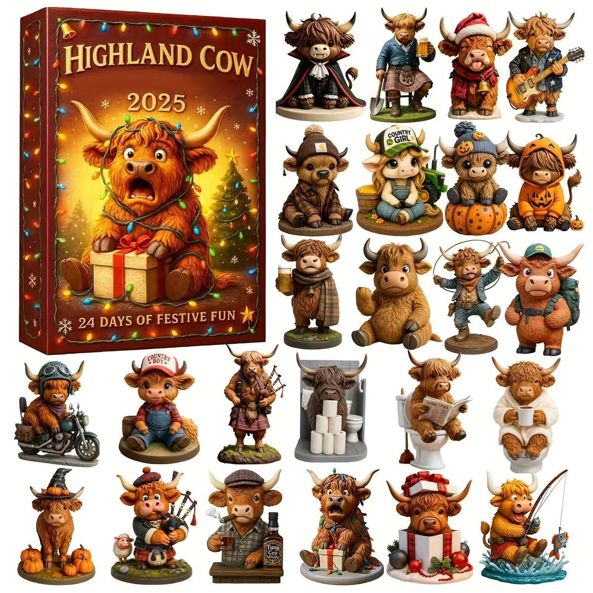 HighlandJoy | Calendrier de l'Avent 3D Vache des Highlands 2025 Expérience de Noël Unique 24 Figurines
