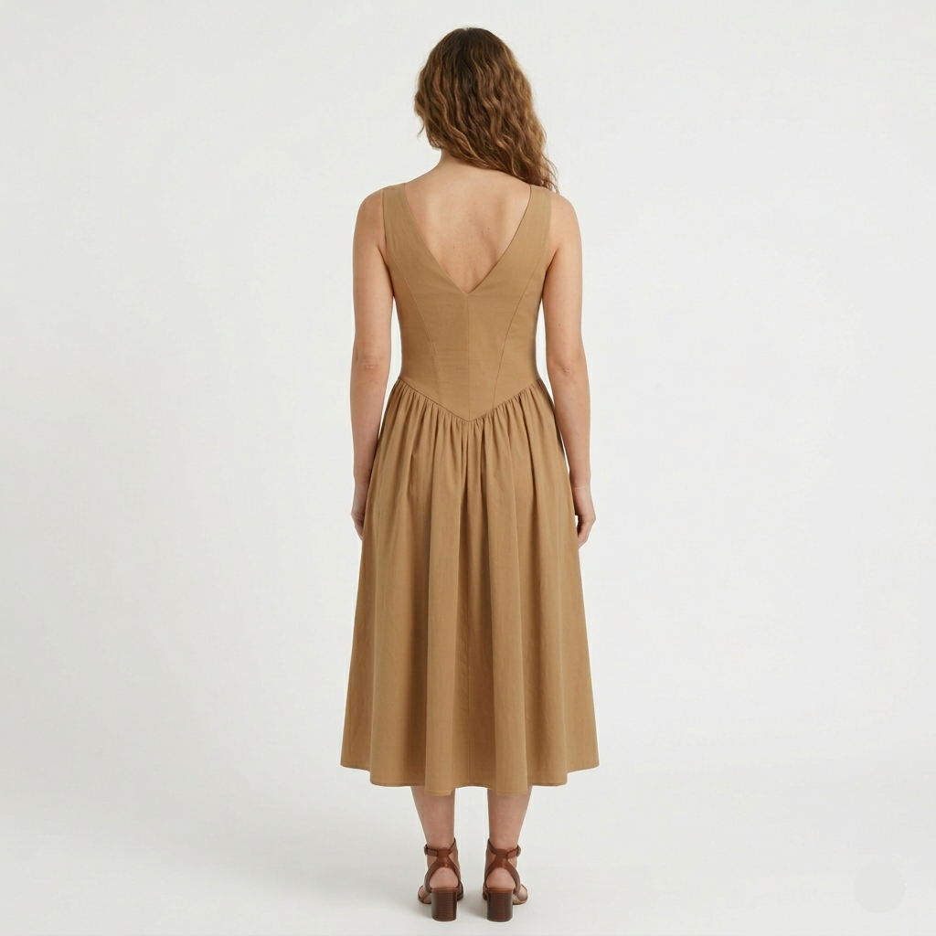 Robe Midi Femme Élégante Col V Taille Cintrée