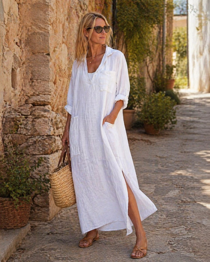Robe chemise longue en coton et lin | boutonnée | coupe ample | bureau
