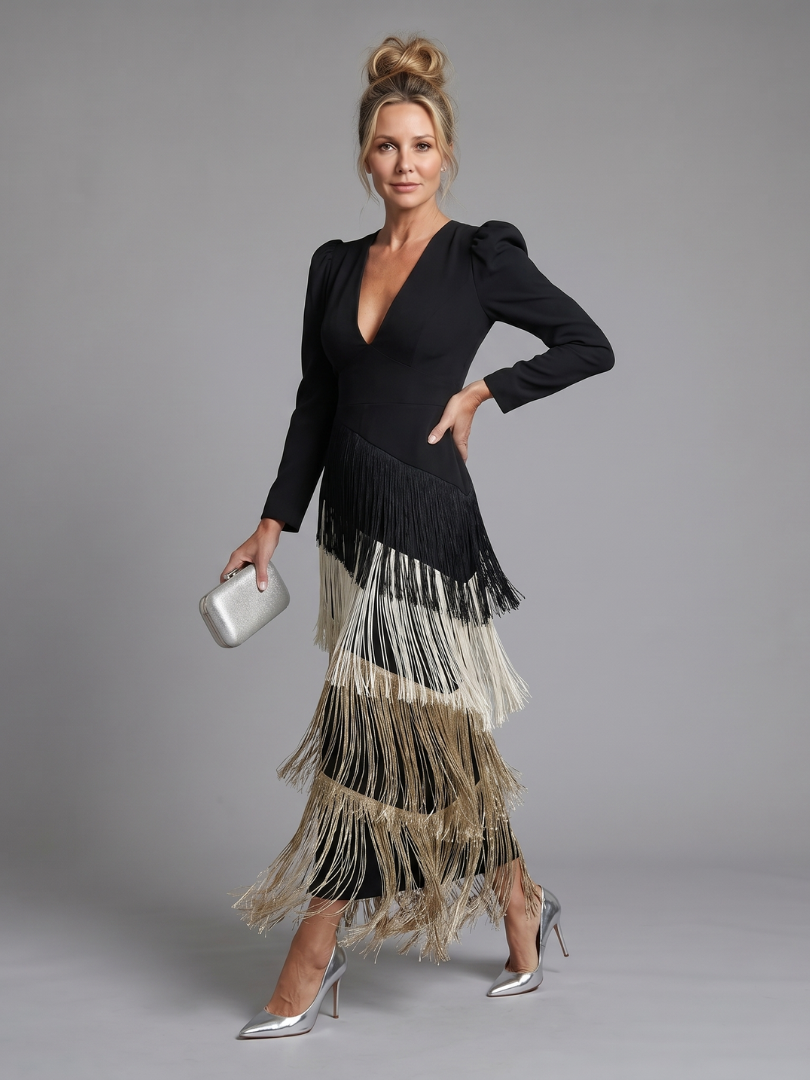 Samara | Robe Midi à Manches Longues avec Franges Douces