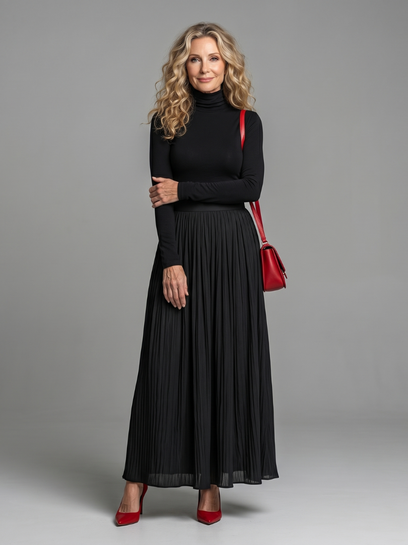 Lana | Robe midi à manches longues et col roulé avec taille définie