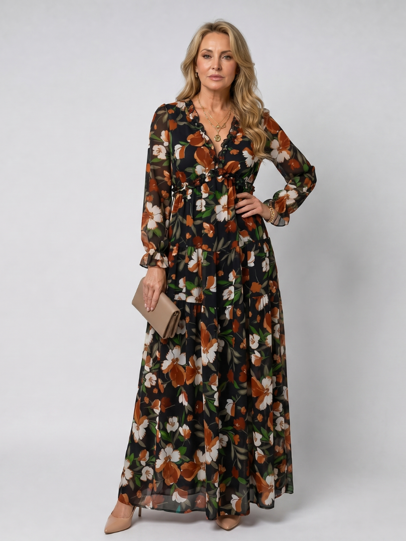 Camelo | Robe maxi à imprimé floral à manches longues