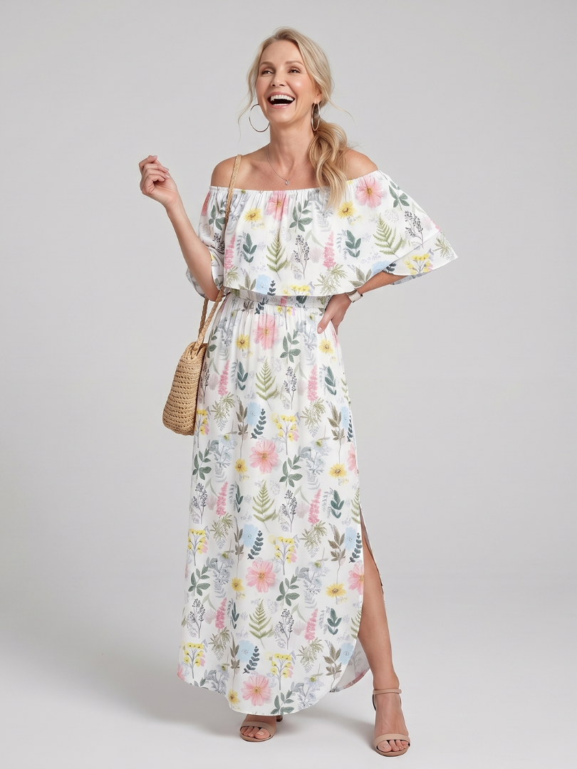 Elowira | Robe midi à imprimé floral doux et épaules dénudées