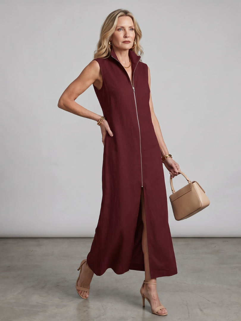 Olive | Robe Midi à Col Montant et Fente Avant