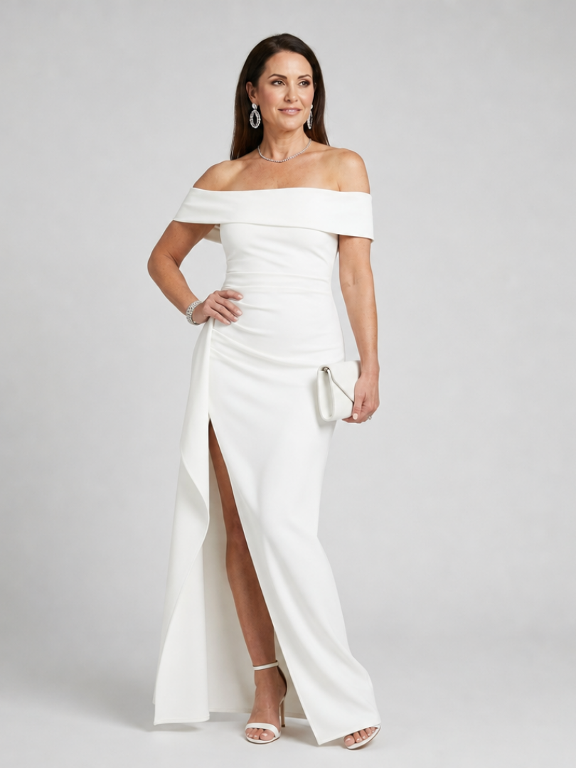 Vionelle | Robe Maxi Décolleté Bardot avec Fente Latérale Haute