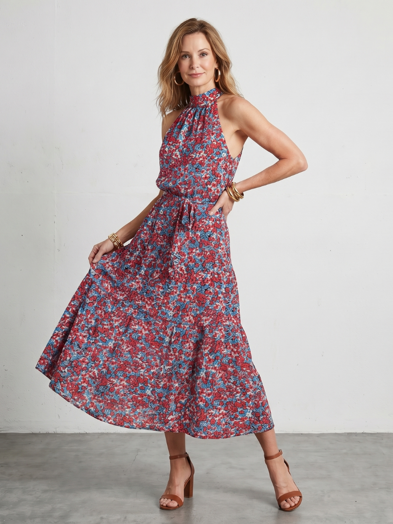 Anis | Robe Midi à Col Montant à Fleurs