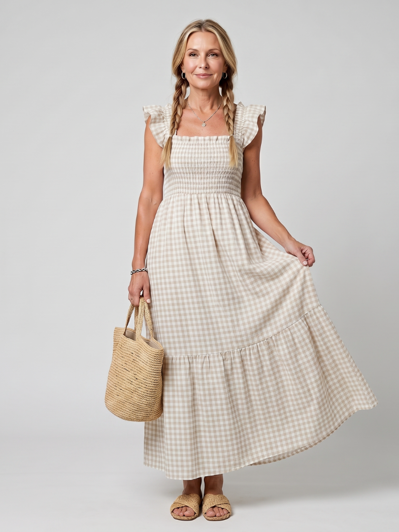 Verity | Robe midi à encolure carrée sans manches à motif vichy