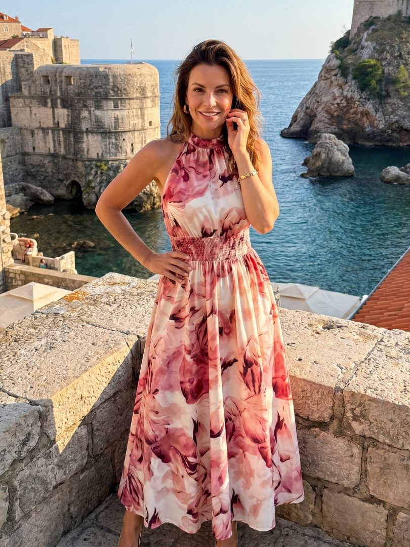 Olivia | Robe Midi à Taille Rassemblée Imprimé Abstrait