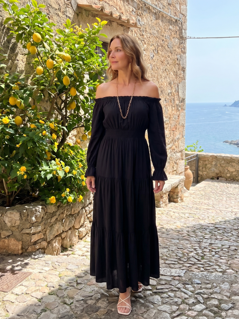 Anora | Robe Midi à Épaules Dénudées avec Fente Latérale