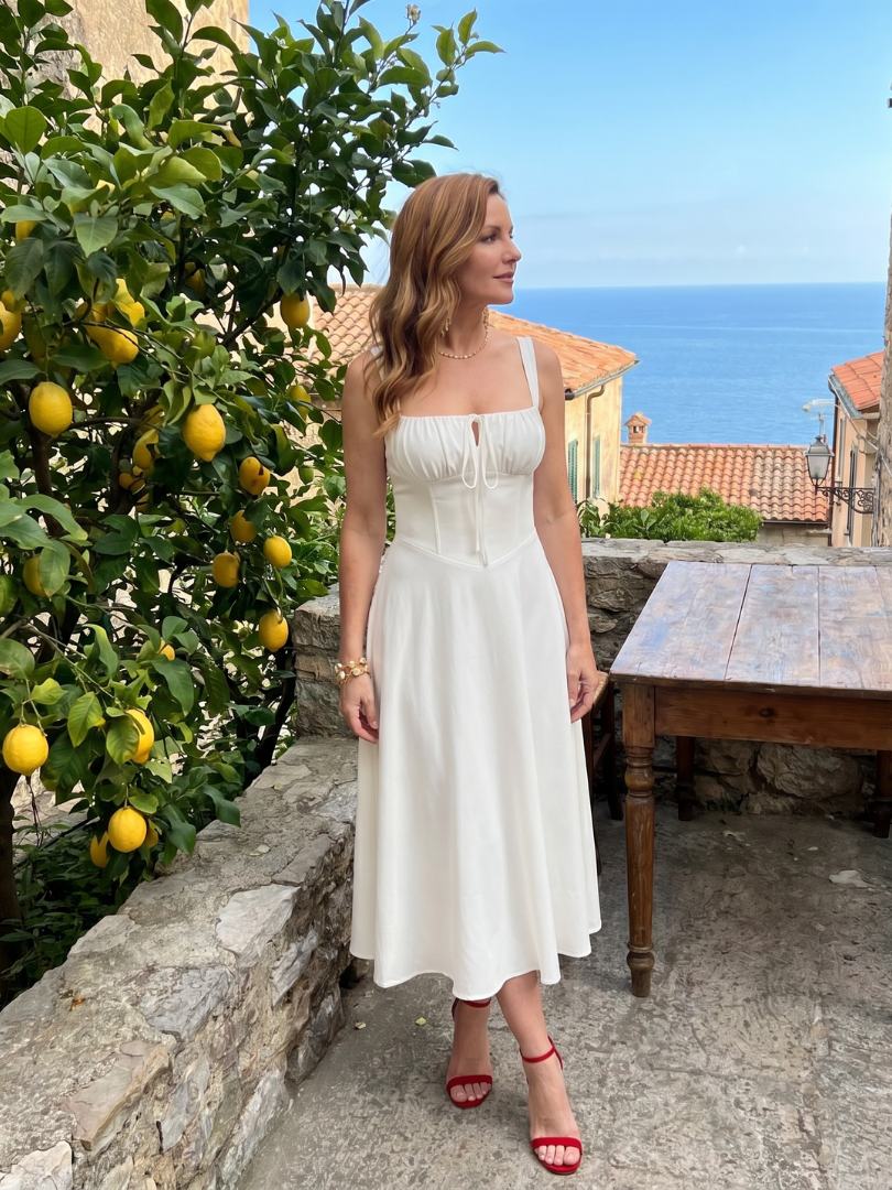 Zenobia | Robe Midi à Bretelles Spaghetti avec Corps Froncé