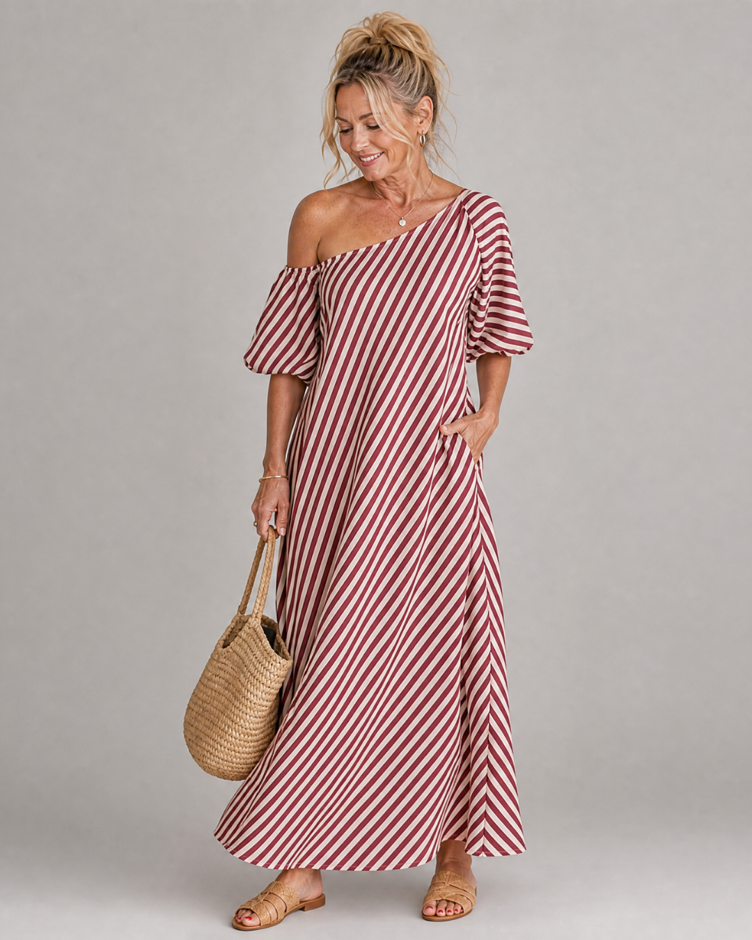 Zamrina | Robe Midi à Manches Bouffantes Rayée Décolleté Bardot