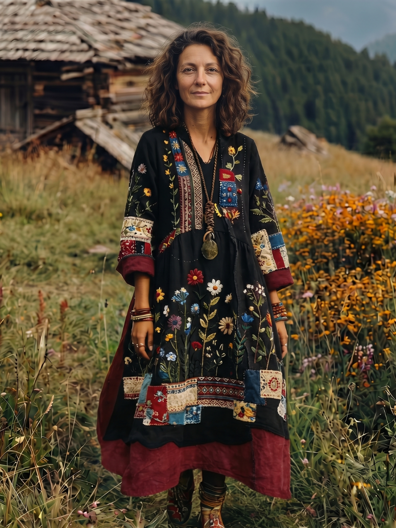 Alix | Robe midi à manches longues avec panneaux brodés