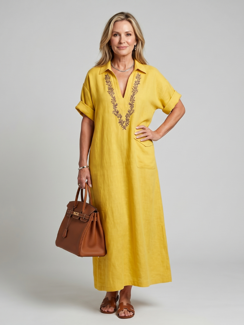 Calluna | Robe Midi à Manches Courtes en V avec Détails Brodés