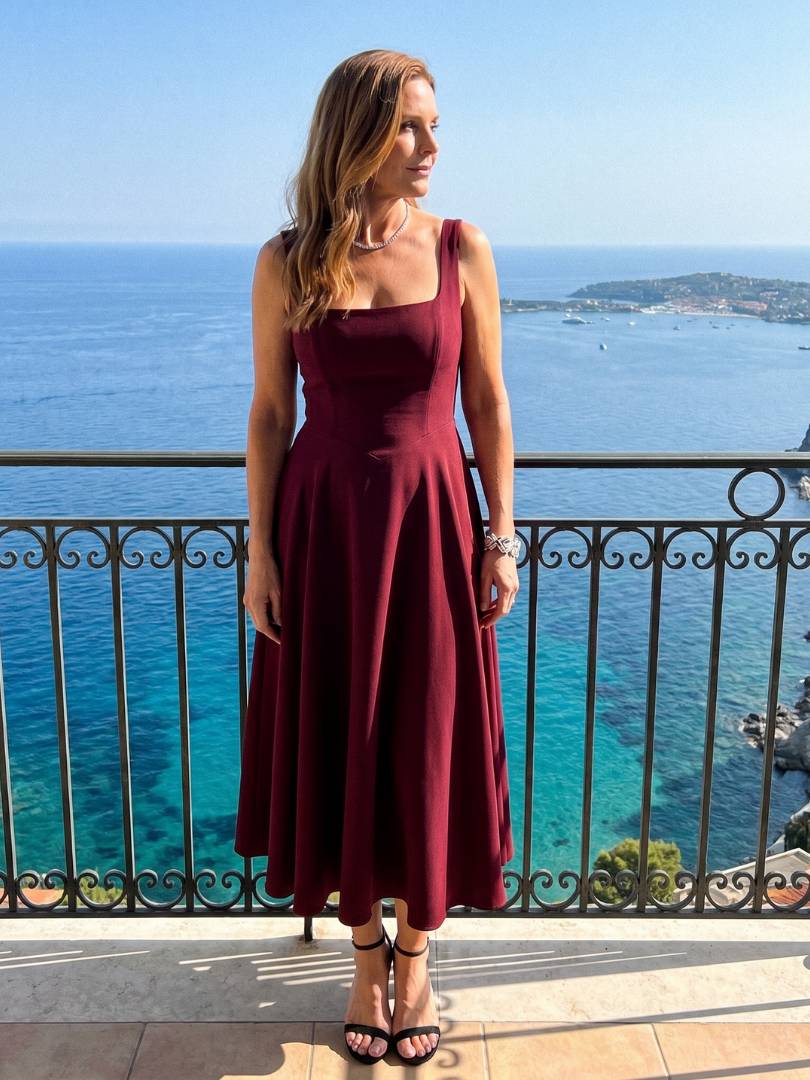 Pallas | Robe midi à bretelles carrées et jupe évasée