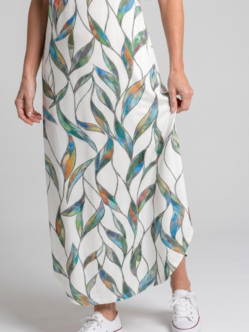 Valerie | Robe Midi Sans Manches Imprimée de Feuilles Tropicales