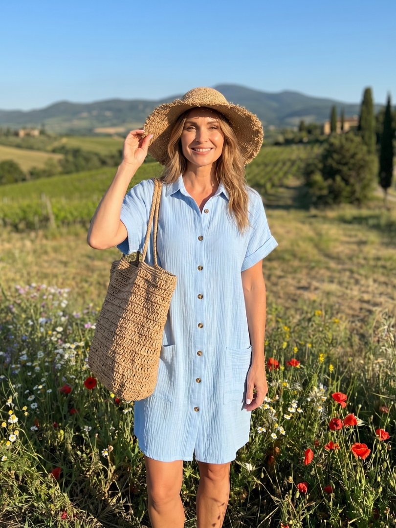 Linon | Robe à manches courtes avec poches avant, longueur genou