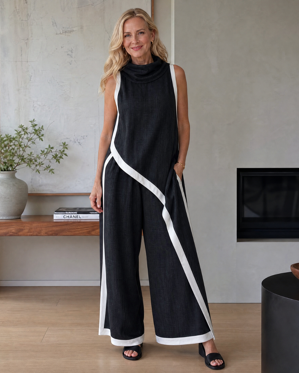Valthera | Haut sans manches à couches avec finition contrastante et ensemble de pantalons larges