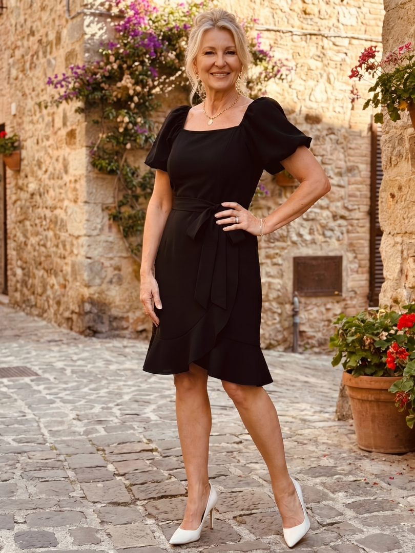 Ruosa | Robe Mini à Manches Bouffantes Courtes avec Détail de Nœud Latéral