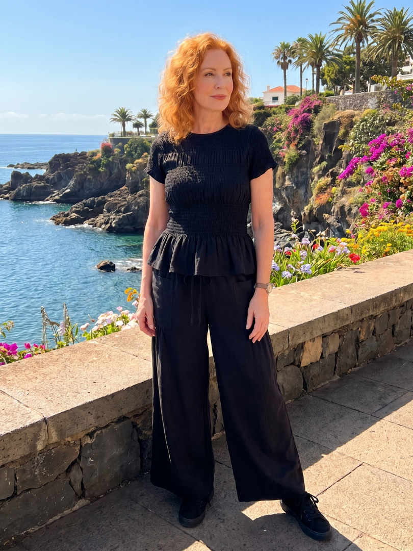 Eirenne | Haut Smocké Détail Peplum Et Ensemble Pantalon Large