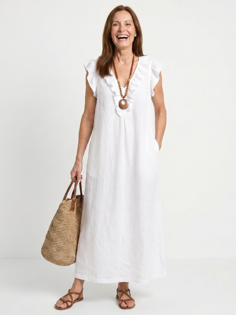 Adélaïde | Robe midi sans manches avec volants