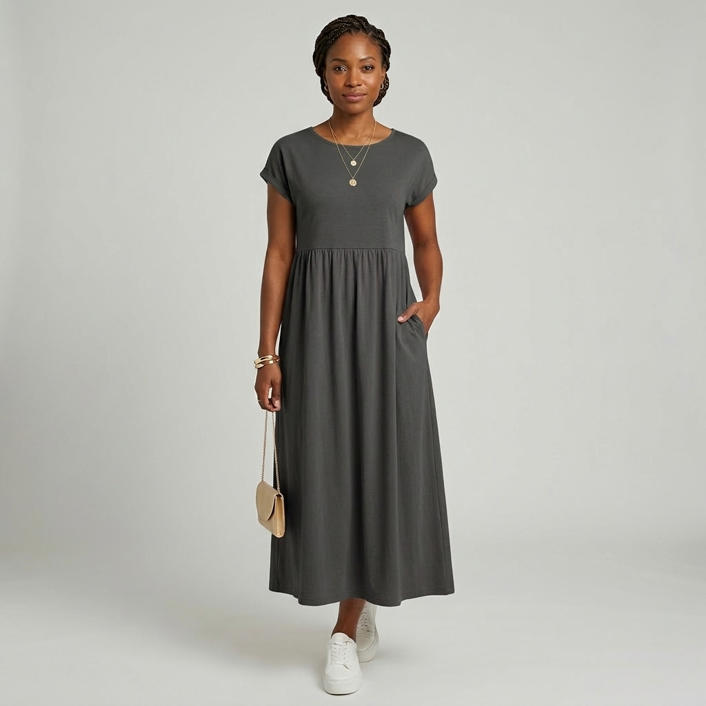 Robe Maxi Femme Élégante Manches Courtes Taille Haute Poches