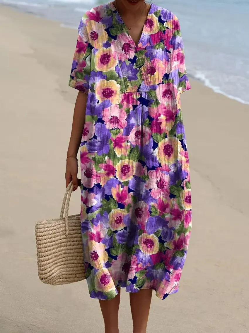 Camryn | Robe en coton-lin élégante avec décolleté en V et imprimé