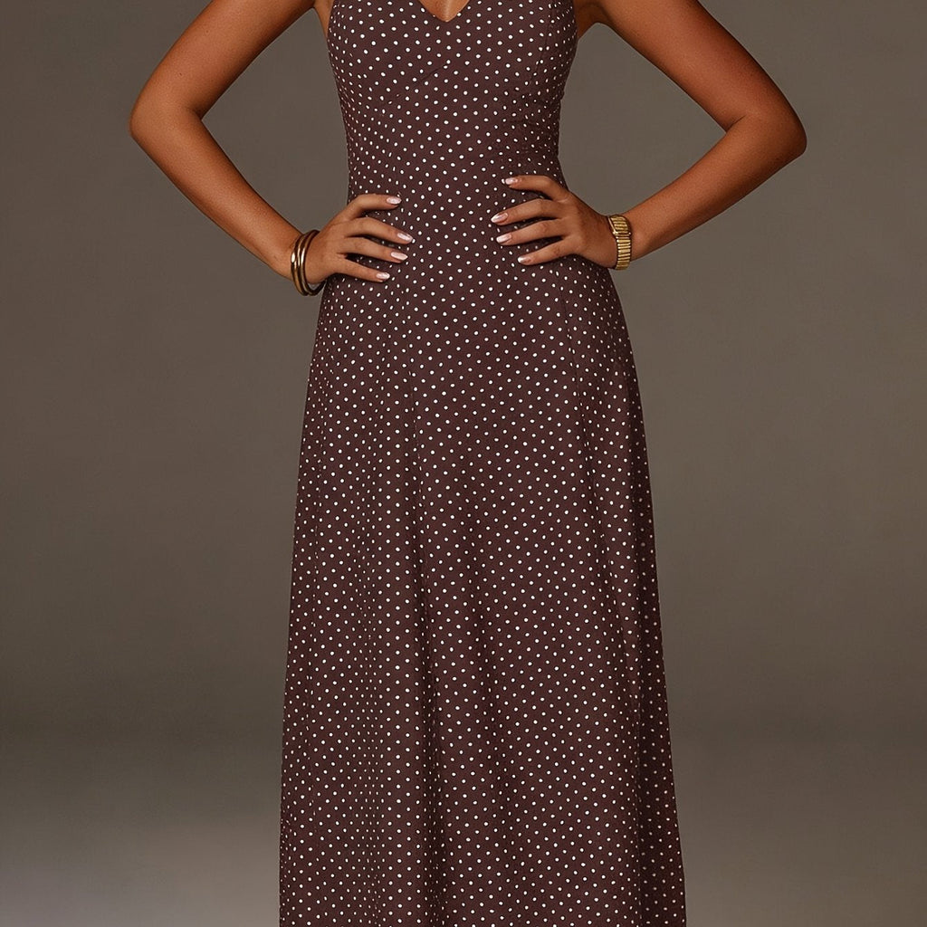 Robe Maxi à Pois avec Col Halter et Décolleté en V Profond pour Femme