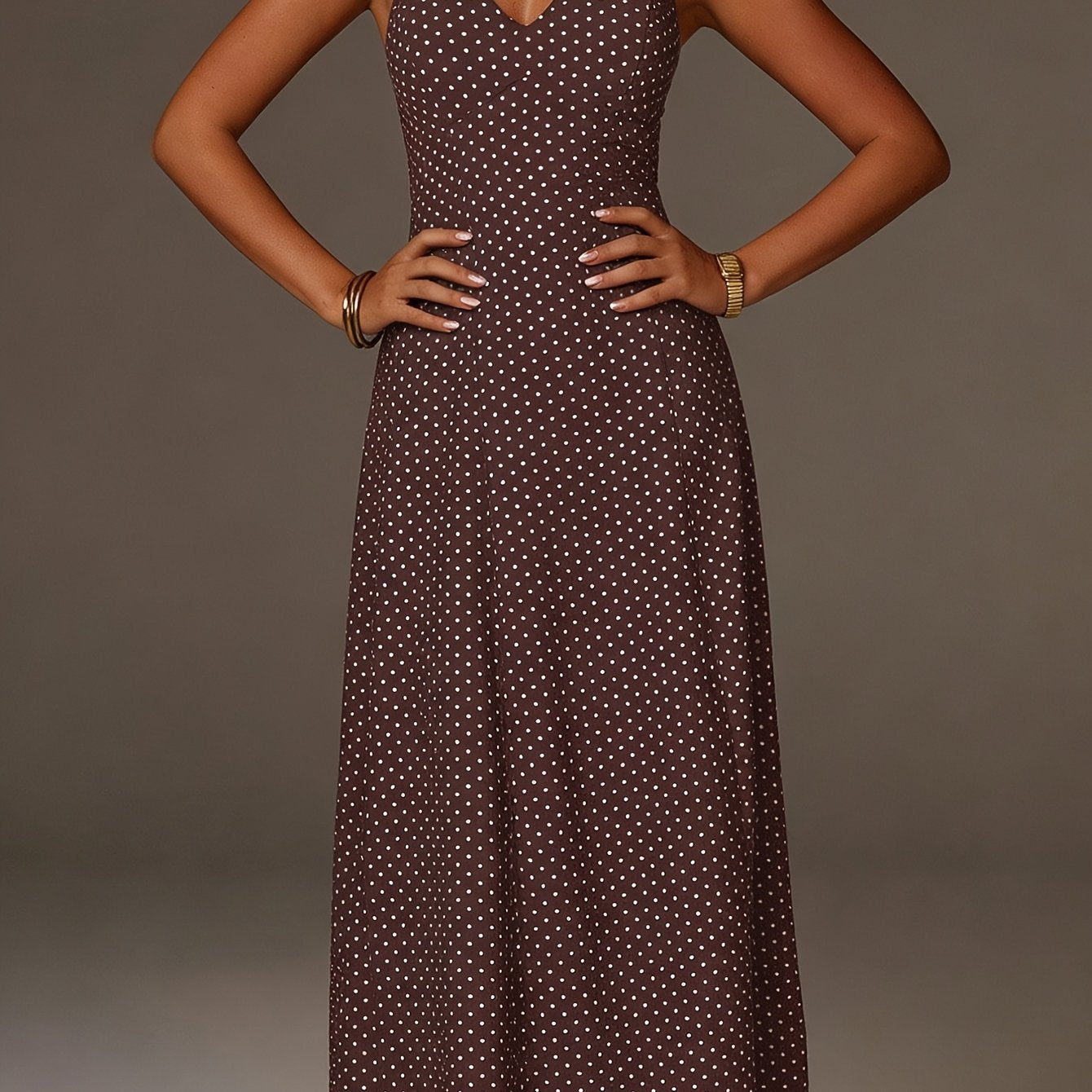 Robe Maxi à Pois avec Col Halter et Décolleté en V Profond pour Femme