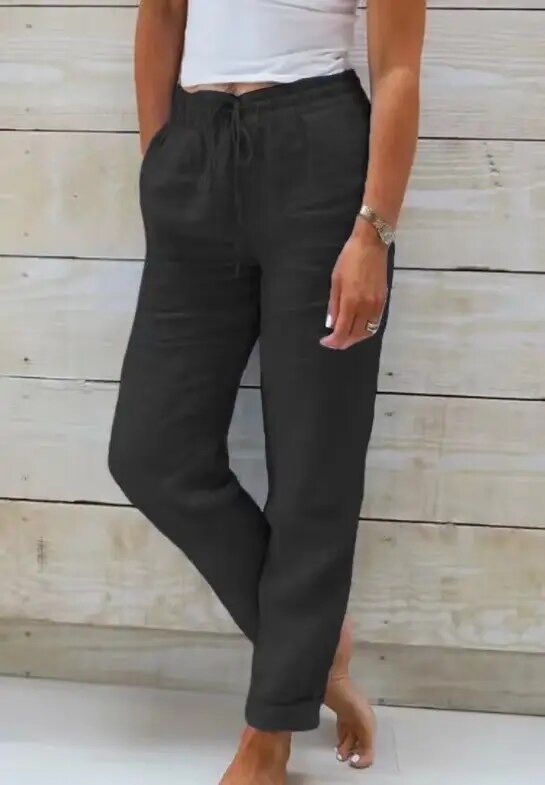 Pantalons en lin et coton pour femme — Droits avec taille élastique décontractée&nbsp;