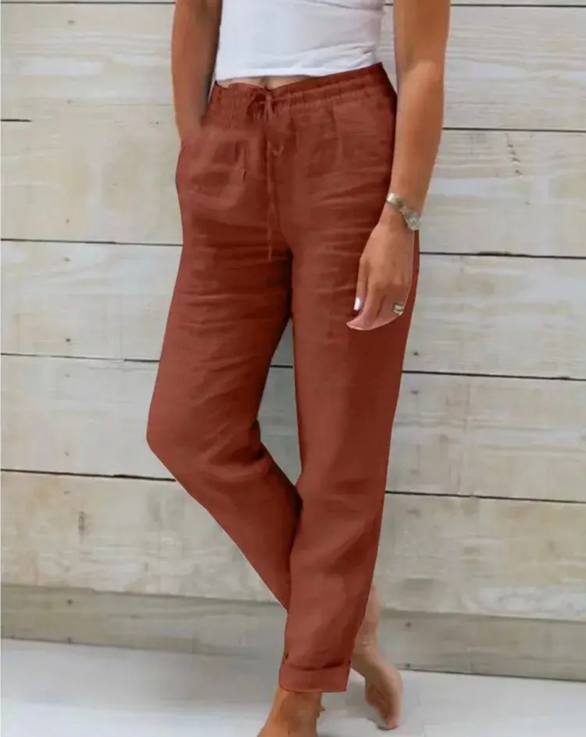 Pantalons en lin et coton pour femme — Droits avec taille élastique décontractée&nbsp;